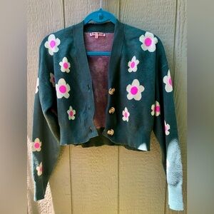 Crop Cardigan-size small, Daisy pattern, green